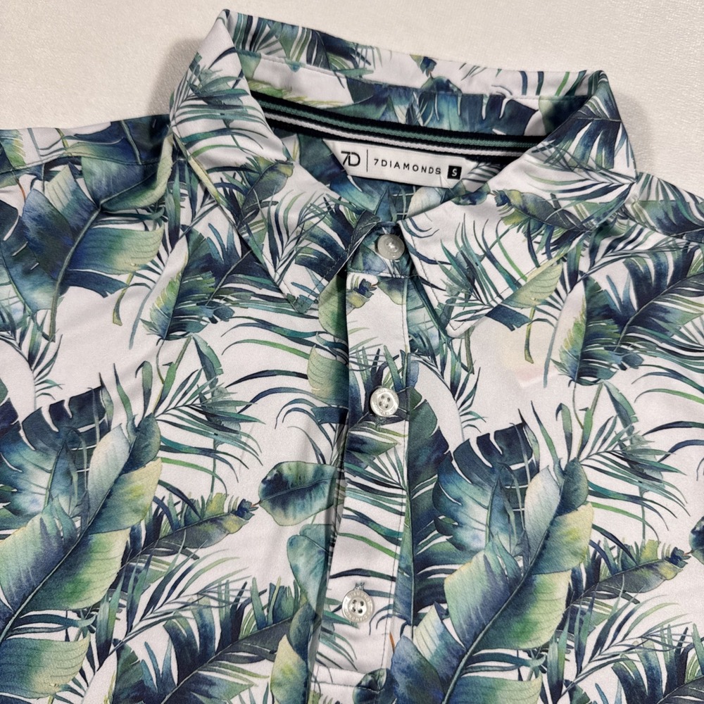 7 Diamonds Polo Shirt Men S White Green Tropical Palm Leaf Performance NWOT